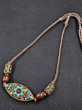 Handcrafted Nepalese Bead Pendant Adjustable Braided Two-Tone Cord Necklace